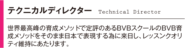 テクニカルディレクター　BVB育成メソッドをそのまま日本で表現するために来日し、レッスンクオリティの維持にあたります。